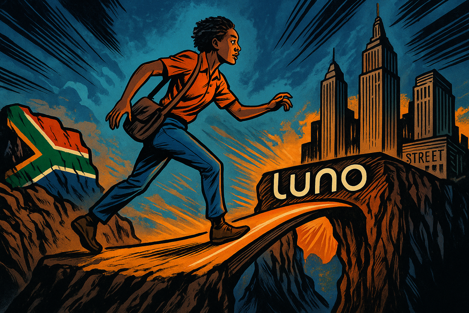 Investissement : Luno facilite l’accès aux actions internationales en Afrique du Sud Une jeune femme traverse un pont technologique flottant avec le logo de Luno sous ses pas