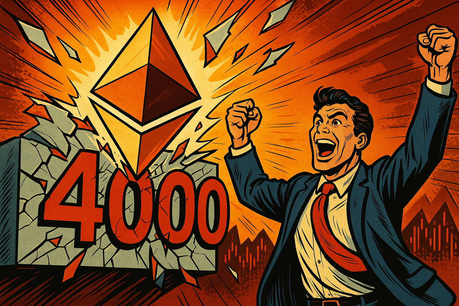Plan rapproché, en contre-plongée, montrant un logo Ethereum géant transperçant un plafond de verre affichant “4000” en chiffres. Un trader euphorique, costume légèrement froissé, bras levés comme un vainqueur. Des éclats de verre et des fragments de graphiques rouges (baissiers) volant en arrière-plan.