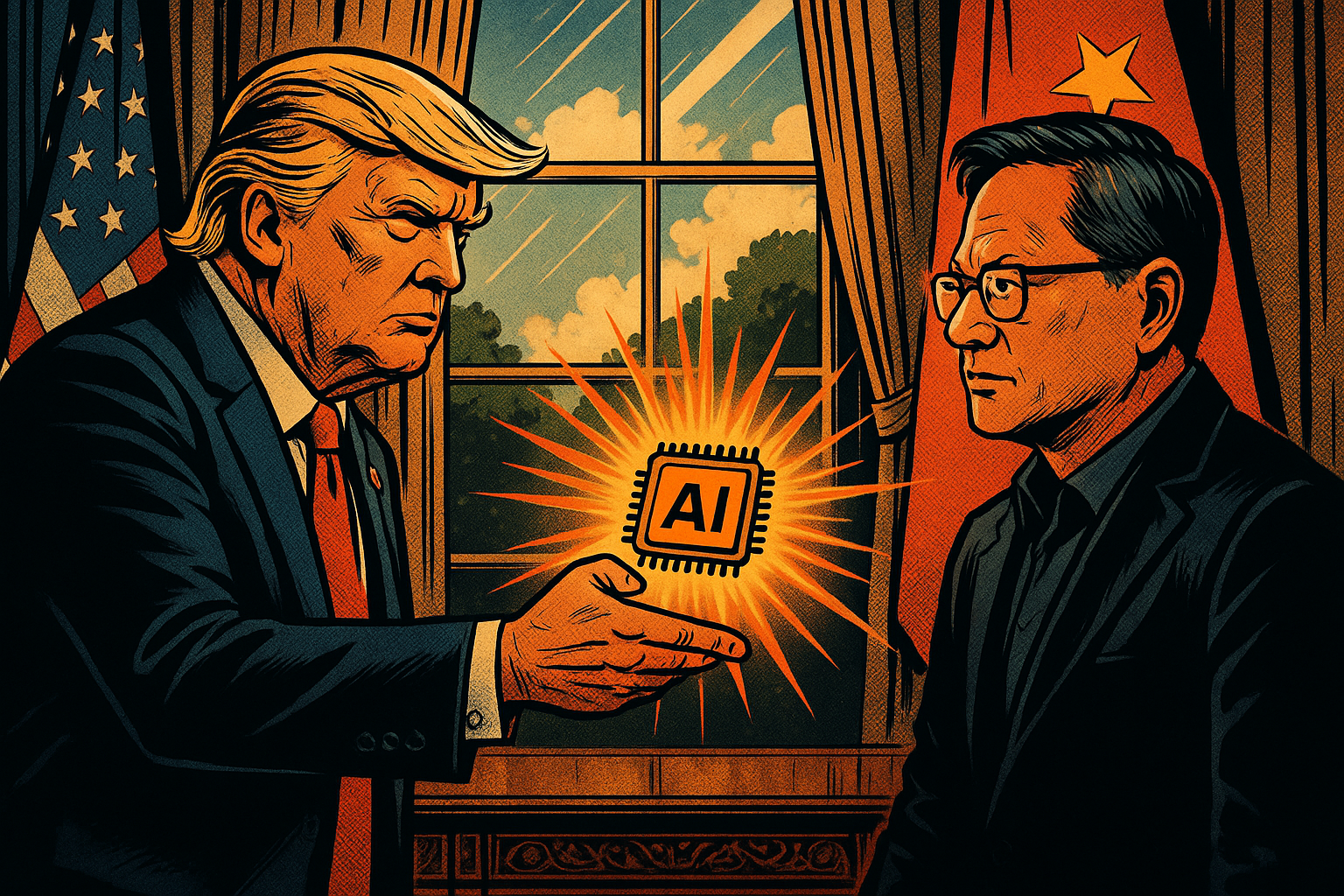 Ventes de puces d’IA à la Chine : Washington touchera 15 % des revenus de Nvidia et AMD Bureau Ovale, lumière rasante de fin de journée, plan moyen en légère contre-plongée. Donald Trump, costume bleu, cravate rouge, main tendue tenant une puce d’IA stylisée en orange. Jensen Huang en face, costume sombre, expression concentrée, derrière lui un drapeau chinois semi-flou.