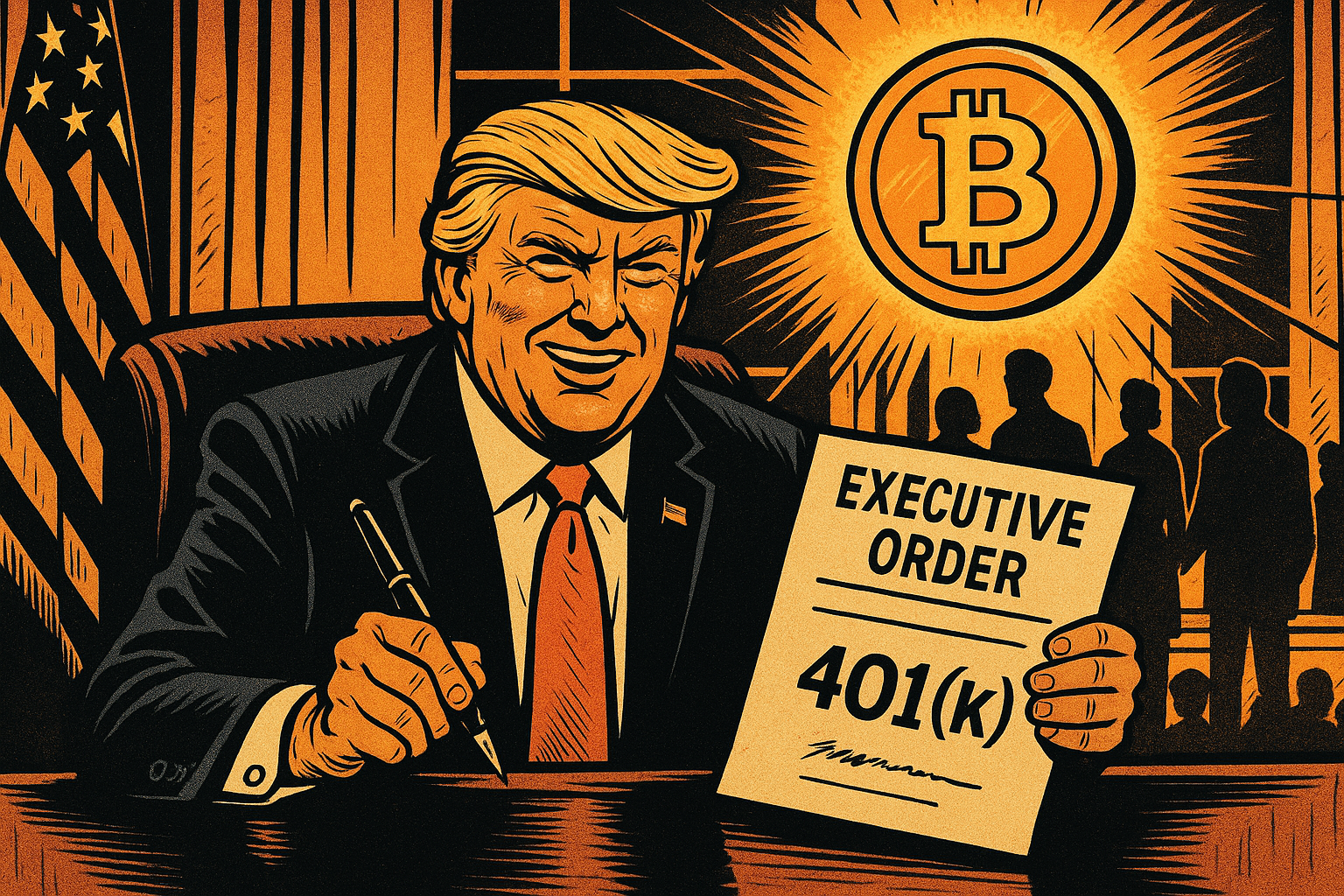 Bitcoin : Donald Trump signe un décret pro-crypto pour l’épargne retraite Plan mi-large, Bureau Ovale stylisé années 70, Trump au centre, tenant un stylo d’une main et un décret de l’autre. Expression confiante et légèrement théâtrale. Fenêtres avec drapeau US, silhouettes d’épargnants anonymes derrière un rideau translucide, un grand bitcoin doré flottant au-dessus du bureau.