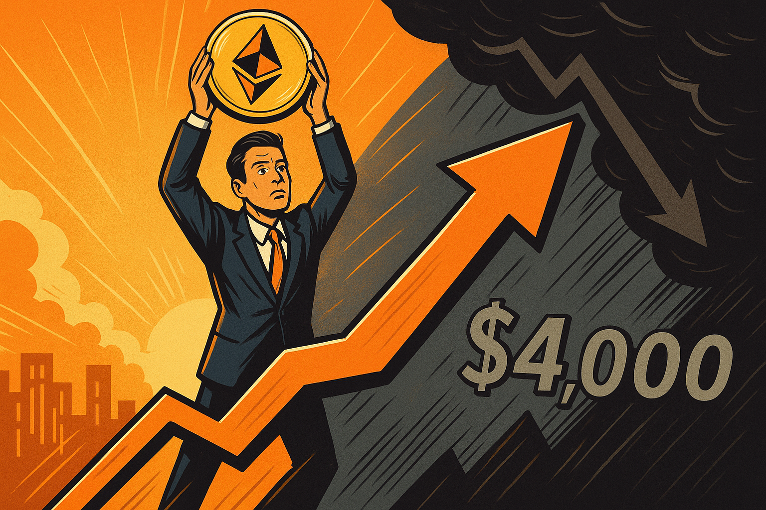Ethereum : Un outil d’IA prévoit trois scénarios pour le prix d’ici fin 2025 Un trader en costume, debout sur une flèche ascendante géante avec le chiffre "6 000" au sommet. Un mélange d’euphorie et d’appréhension. Pièce Ethereum géante tenue au-dessus de la tête.
