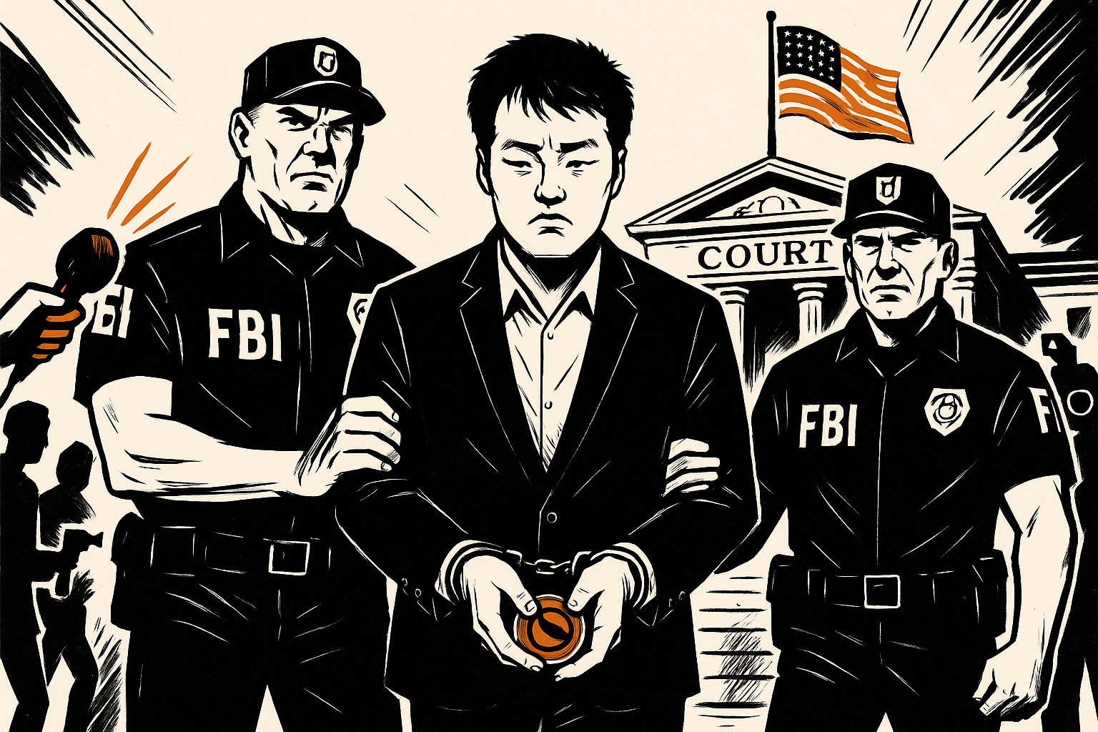Do Kwon escorté par deux agents fédéraux, avançant vers l’entrée du tribunal. Expression faciale : Sérieuse, crispée. Poignets menottés, pièce crypto LUNA stylisée dans la main. Journalistes tendant micros et caméras. Drapeau américain flottant en haut d’un mât. Panneau de tribunal en haut des marches.