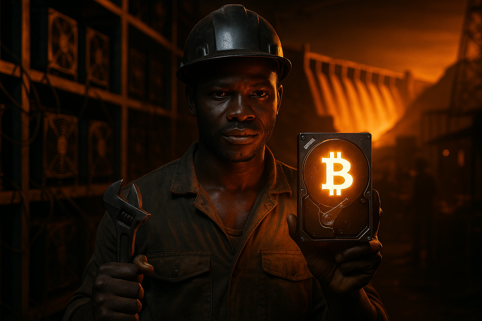 vue à hauteur d’homme dans une ruelle marchande d’Addis-Abeba. Personnage central : mineur de bitcoin éthiopien, casque sur la tête, combinaison de travail légèrement poussiéreuse. Posture : debout, tenant une clé à molette dans une main et un disque dur brillant dans l’autre.
