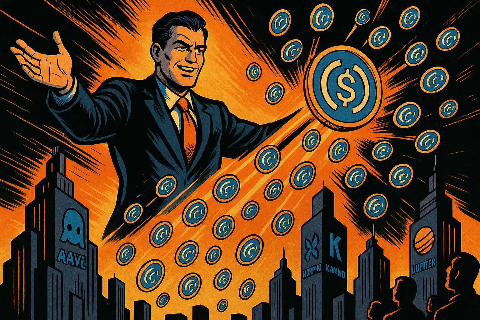 Plan large d’une ville futuriste DeFi. Personnage central : Coinbase personnifié, bras ouverts, laissant tomber un flot de pièces USDC lumineuses sur la ville.
