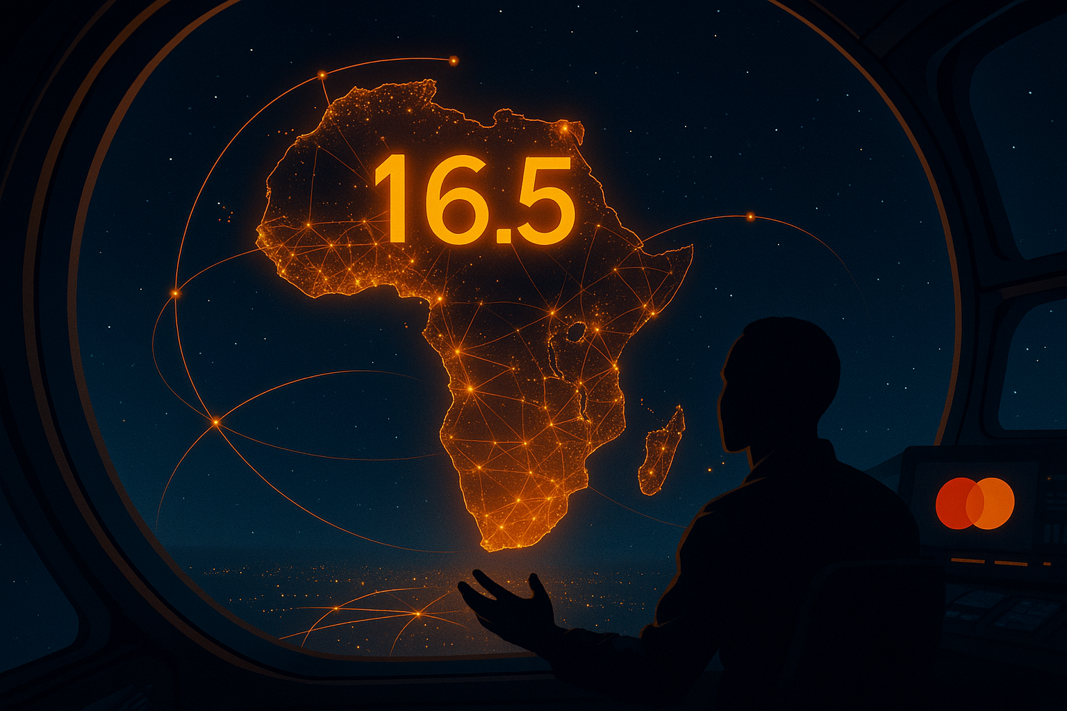 Plan large d’un satellite ou station orbitale observant une Afrique lumineuse vue du ciel. Personnage central : silhouette assise dans la station, main tendue vers le continent. Élément clé : Des lignes de lumière connectent les pays clés : Nigeria, Kenya, Maroc, Afrique du Sud.