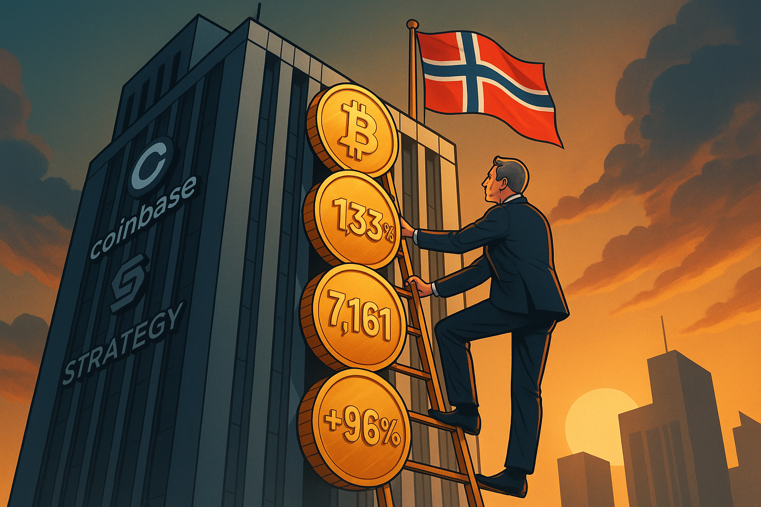 Bâtiment abstrait représentant une institution financière. Angle : Contre-plongée sur le sommet d’un gratte-ciel, où un drapeau norvégien flotte. Personnage central : Un investisseur grimpe une échelle faite de pièces BTC.