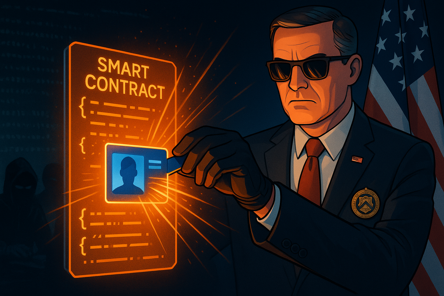 DeFi : Le Trésor américain veut imposer l’identité numérique dans les smart contracts Plan rapproché, angle dramatique vu du bas. Personnage central : Agent du Trésor américain (costume sombre, cravate rouge, insigne, lunettes miroir). Posture : Bras tendu vers un contrat intelligent projeté en hologramme.
