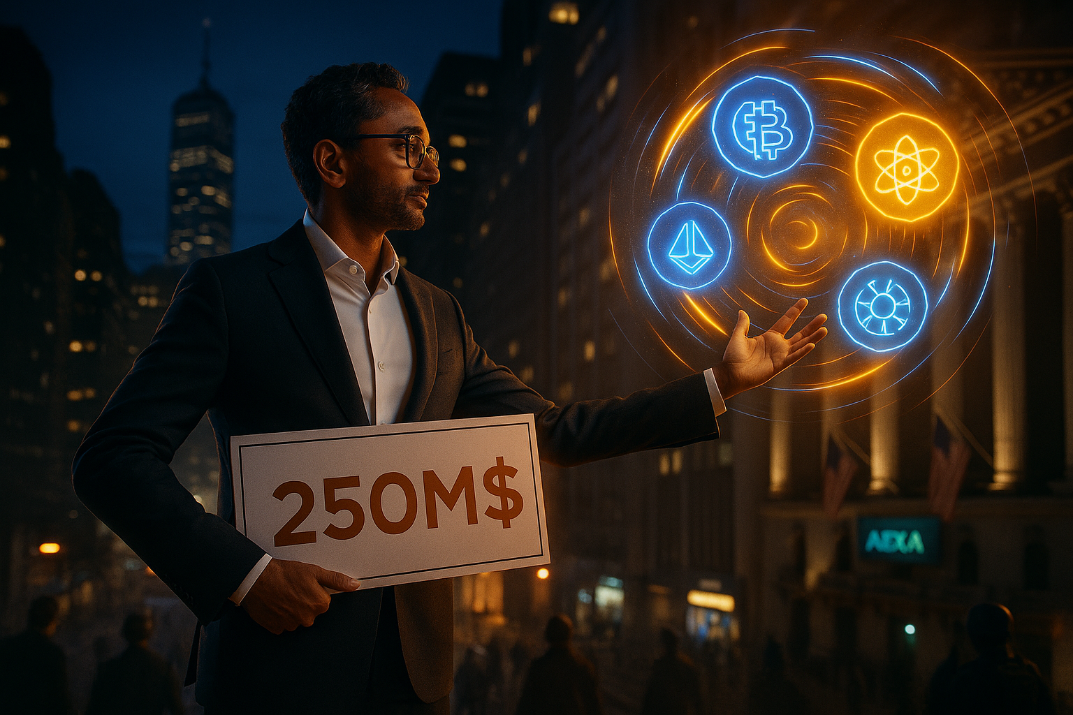 Toit d’un immeuble new-yorkais de nuit, vue plongeante sur Wall Street. Personnage central : Chamath Palihapitiya en costume moderne avec lunettes tech. Posture : Bras ouverts, une main tenant un chèque géant “250M$”, l’autre tendue vers un vortex de symboles (blockchain, IA, énergie).