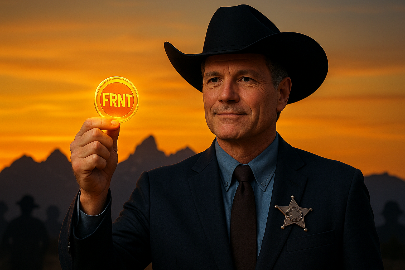 Le Wyoming dévoile FRNT, un stablecoin garanti par Visa et distribué sur 7 blockchains Extérieur, coucher de soleil du Wyoming. Plan américain centré sur le personnage. Personnage central : Homme politique style gouverneur ou shérif moderne, costume avec étoile de shérif, regard fier. Élément central : Jeton FRNT brillant (comme une étoile de shérif ou badge de cow-boy), émettant une lumière orange.