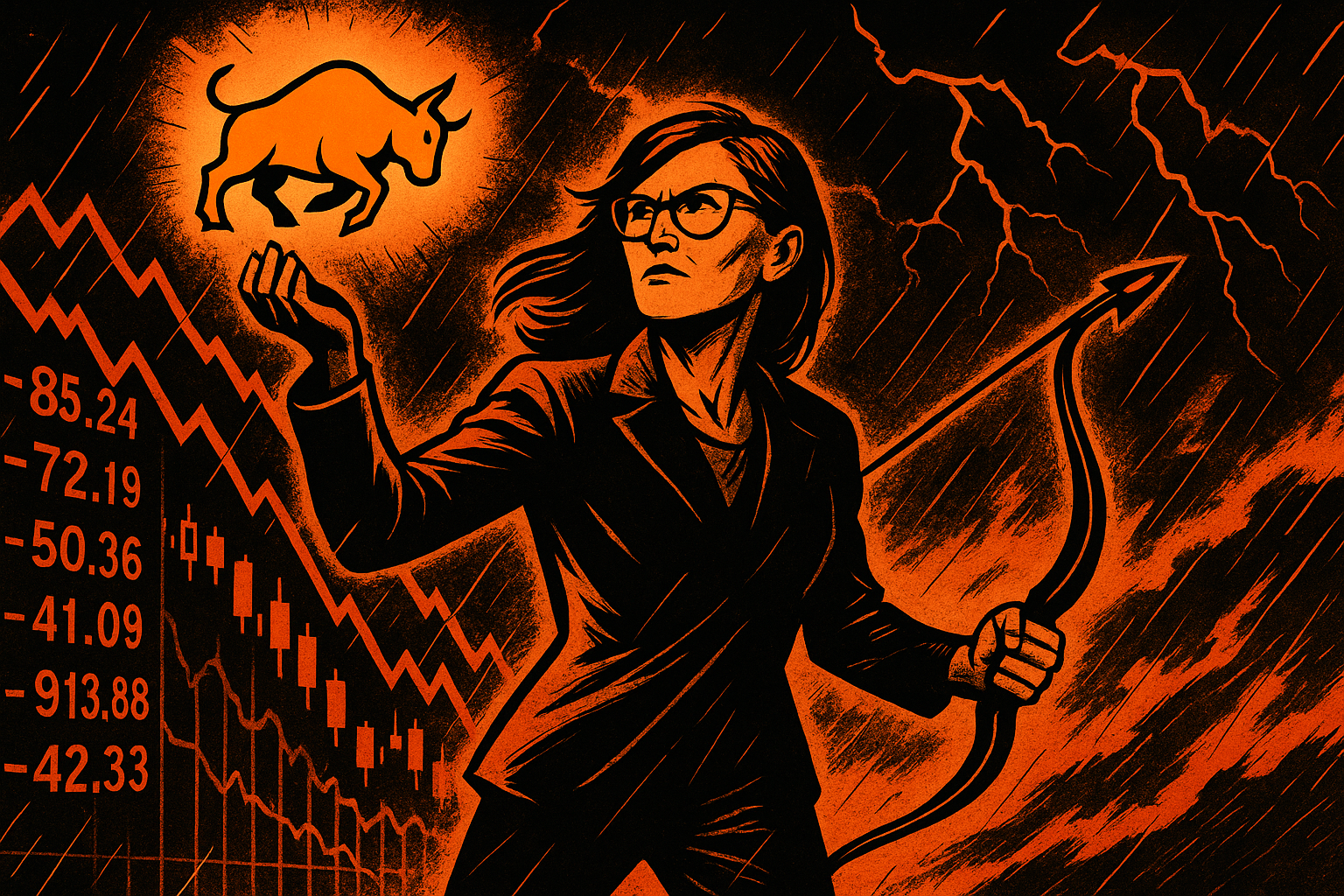 Plan moyen. Une figure féminine au centre (cheveux au vent, regard intense), avançant contre un mur de chiffres rouges en chute (flèches vers le bas). Élément central : Dans sa main gauche, un logo stylisé Bullish (taureau lumineux orange), dans sa main droite, un arc de Robinhood avec flèche prête à être décochée.