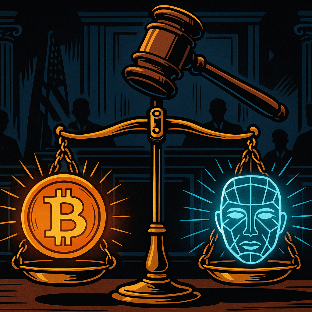 Salle de tribunal stylisée en plan serré, vue légèrement en contre-plongée pour donner du poids à la scène. Élément central : Une grande balance de justice. À gauche du plateau : Une pièce de Bitcoin lumineuse (orange vif). À droite du plateau : Une empreinte faciale stylisée en lumière bleue, comme un scan biométrique. Au-dessus : Un marteau de juge suspendu dans l’air, comme figé, symbolisant le sursis.