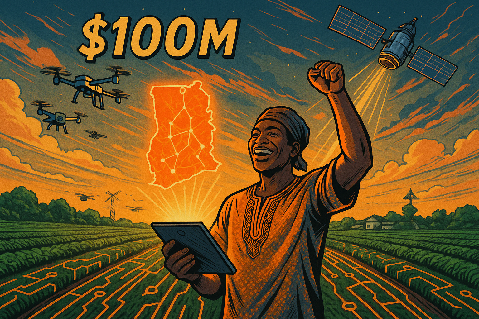 ue panoramique en contre-plongée sur un champ en Afrique de l’Ouest au lever du soleil. Un agriculteur ghanéen, en tenue traditionnelle modernisée, tient une tablette d’où s’élève un hologramme orangé représentant le Ghana connecté par des lignes de données. Personnage central : Rôle : Agriculteur ghanéen symbolique Apparence : Jeune homme ou femme en tenue locale réinventée avec des touches technologiques. Posture : Debout au centre d’un champ, bras levé ou tenant une tablette avec fierté. Expression : Fierté, espoir, confiance