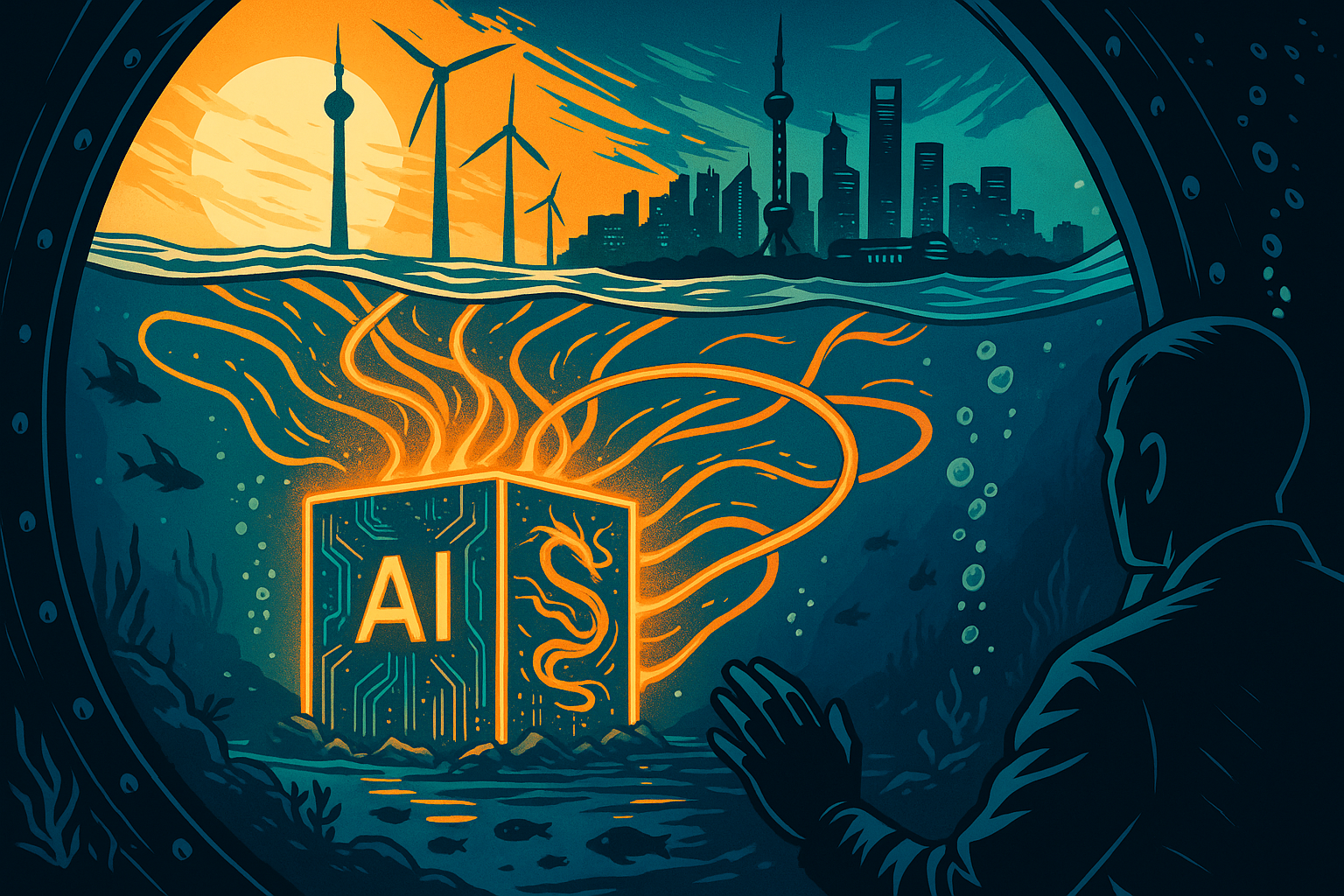 Vue en coupe sous-marine, comme une illustration de science-fiction. En surface : ville de Shanghai avec buildings et parc éolien offshore. Sous l’eau : un cube technologique (data center) illuminé, posé au fond marin, entouré de câbles et de flux de données orange. Personnage central : Silhouette d’un ingénieur observant depuis un hublot (optionnel). Posture : Position statique, contemplative. Élément central : Le data center lumineux avec faisceaux IA en mouvement