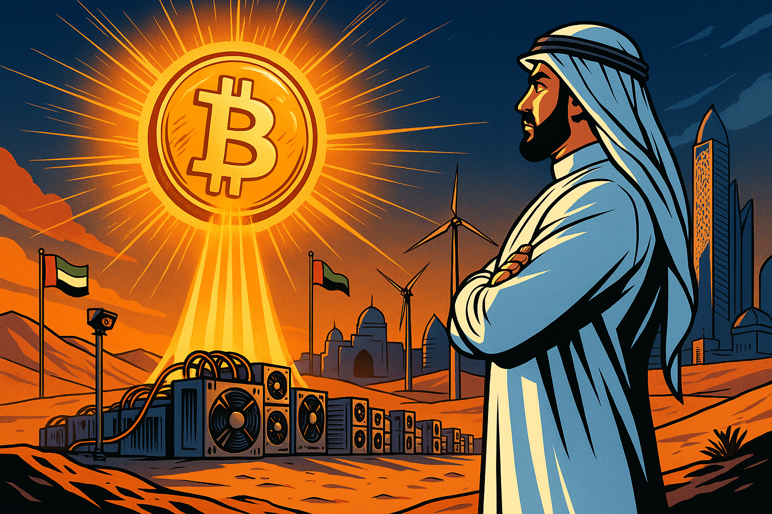 Les Émirats arabes unis dévoilent 700 millions de dollars en bitcoin miné Vue panoramique sur un paysage désertique proche d’Abu Dhabi, en contre-plongée. Un personnage central en habit émirati (ghutra blanche, agal noir) regarde au loin, où une ferme de minage stylisée s’étend dans le sable. Une immense pièce de bitcoin orange-or flamboie au-dessus de l’infrastructure. Personnage central : Figure symbolique de l’État émirati. Apparence : Costume traditionnel blanc, bras croisés, silhouette imposante. Posture : Surélevée, contemplant le complexe en contrebas. Expression : Sérénité, stratégie, contrôle