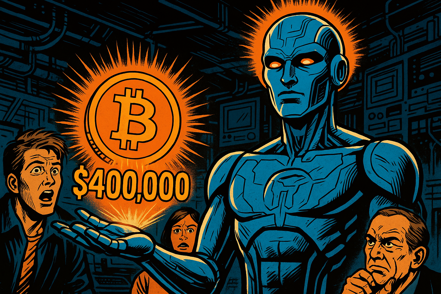 Grok, l’IA de Musk prédit un bitcoin à 400 000 dollars au bout de 100 jours Plan semi-large dans une pièce sombre à haute technologie, style salle de commande ou data center. Une représentation humanoïde de Grok (visage digitalisé, look mi-humain mi-machine, yeux brillants).