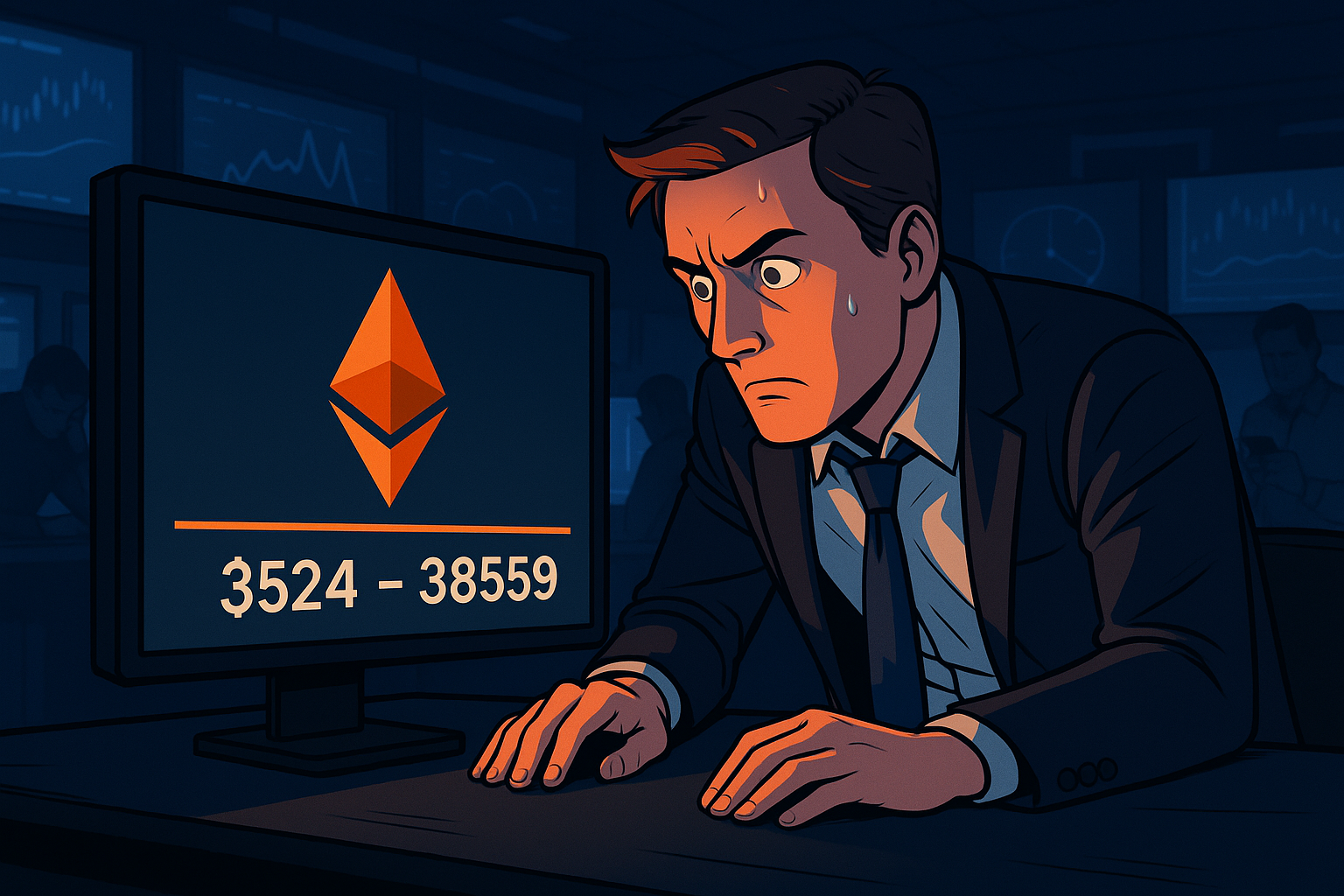 Le cours de l'ether plafonne : Faut-il s’inquiéter d’un retournement ? Plan rapproché dans une salle de marché high-tech, ambiance sombre, éclairée uniquement par les écrans. Un trader inquiet, costume ouvert, cravate desserrée, les yeux rivés sur un écran affichant une courbe plate d’ETH. Penché vers l’écran, les mains crispées sur la table.