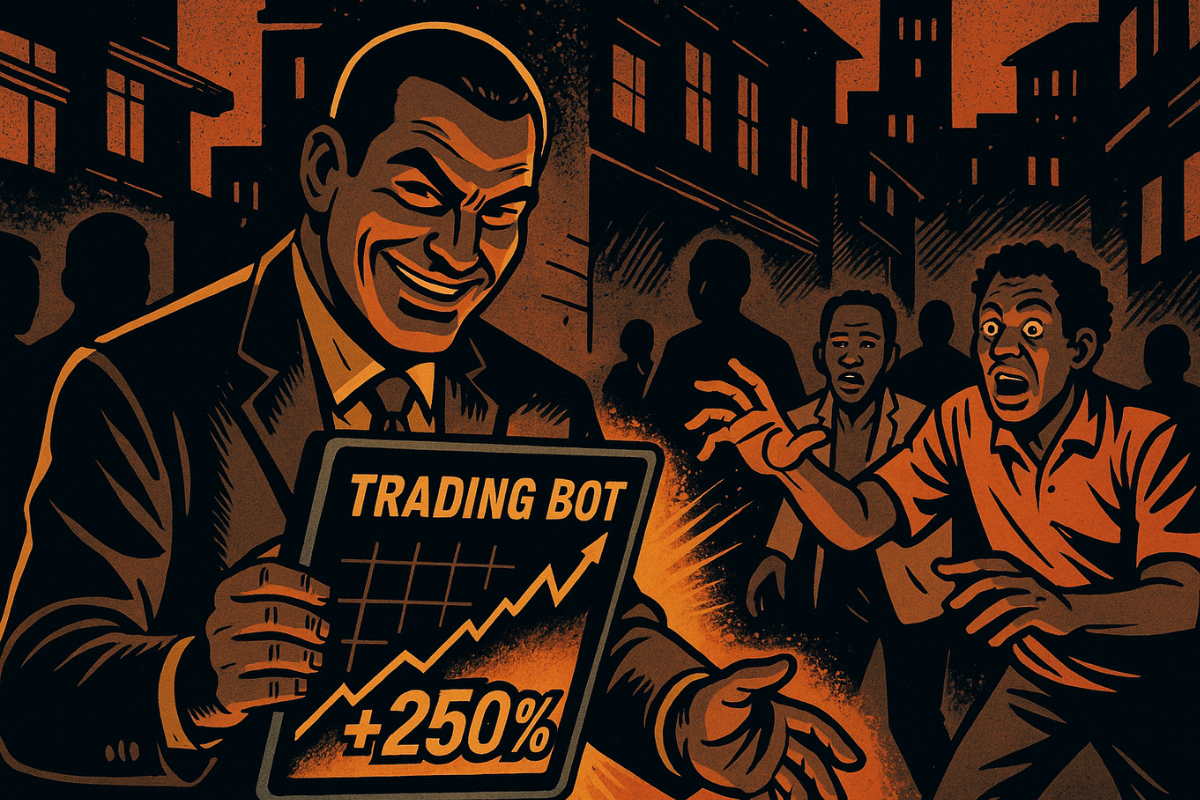 contre-plongée dynamique dans une ruelle urbaine. Personnage central : un homme africain en veste chic, tenant un écran montrant “+250%”. Élément central : un faux bot de trading affiché sur sa tablette Arrière-plan et Détails Secondaires : Silhouettes floues qui tendent des mains ou approchent (autres victimes)