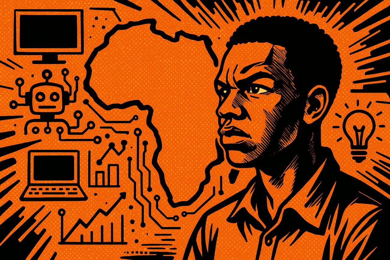 Jeune africain face à la carte d'Afrique, entouré de symbole tech et IA