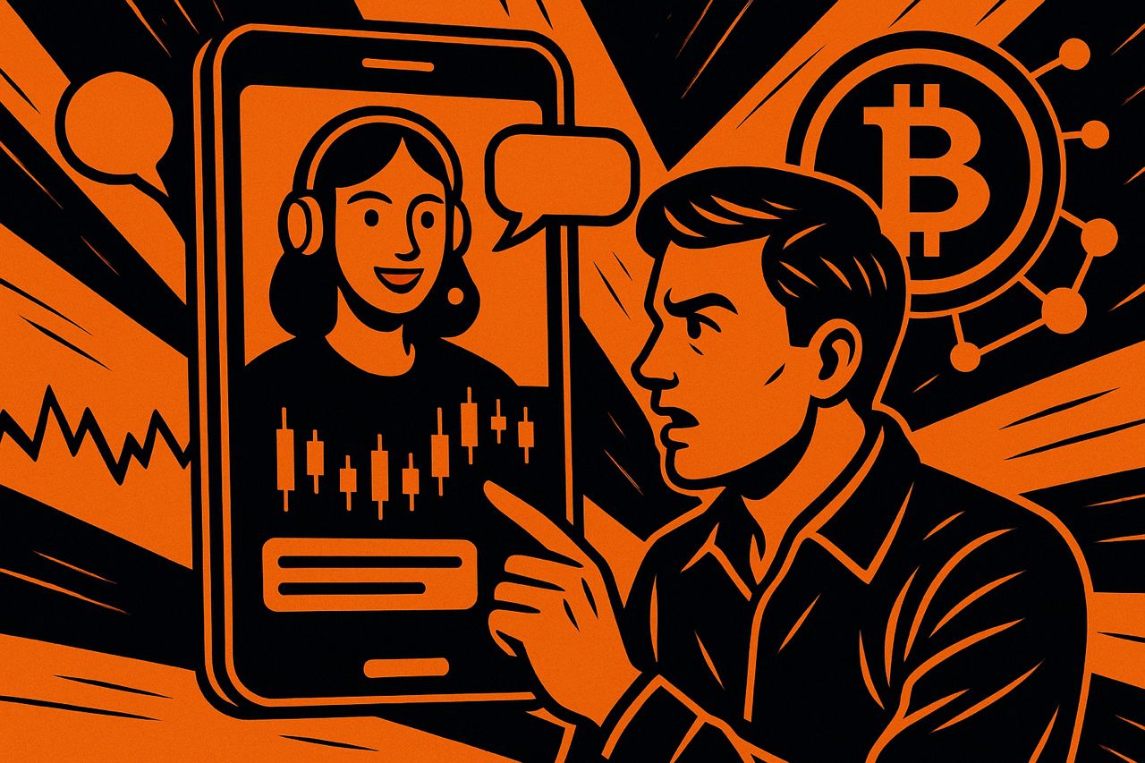 Homme échangeant avec une IA crypto sur smartphone, ambiance tendue.