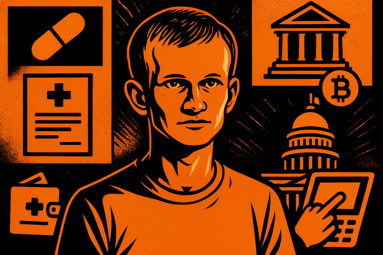 Buterin entouré de symboles santé, finance et gouvernance en orange et noir.