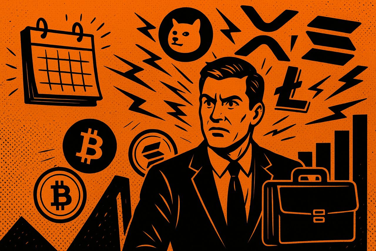 Un trader tendu entouré de logos crypto et d’un calendrier menaçant.