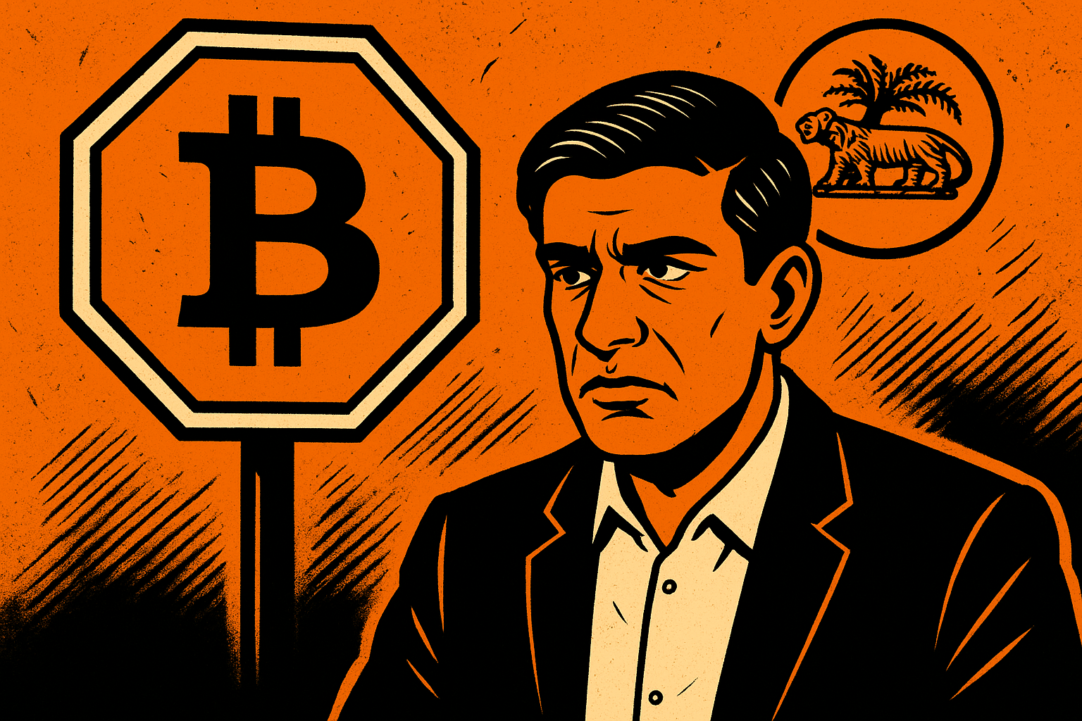Crypto en Inde : La RBI met en garde contre une régulation trop permissive Homme sérieux devant un panneau Bitcoin, style comics orange, noir et blanc.