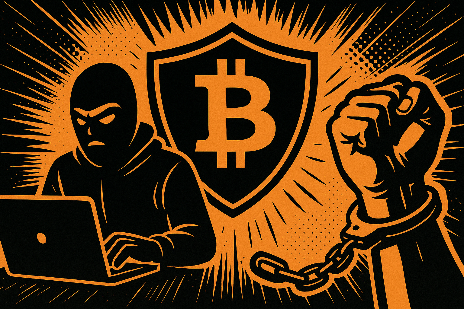 Crypto et sécurité : Ce que révèle l’enquête de TRM Labs Hacker masqué, logo Bitcoin, poing menotté