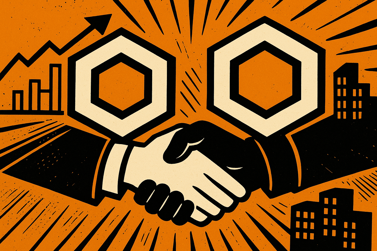 Poignée de main futuriste entre deux hexagones, style comics orange.