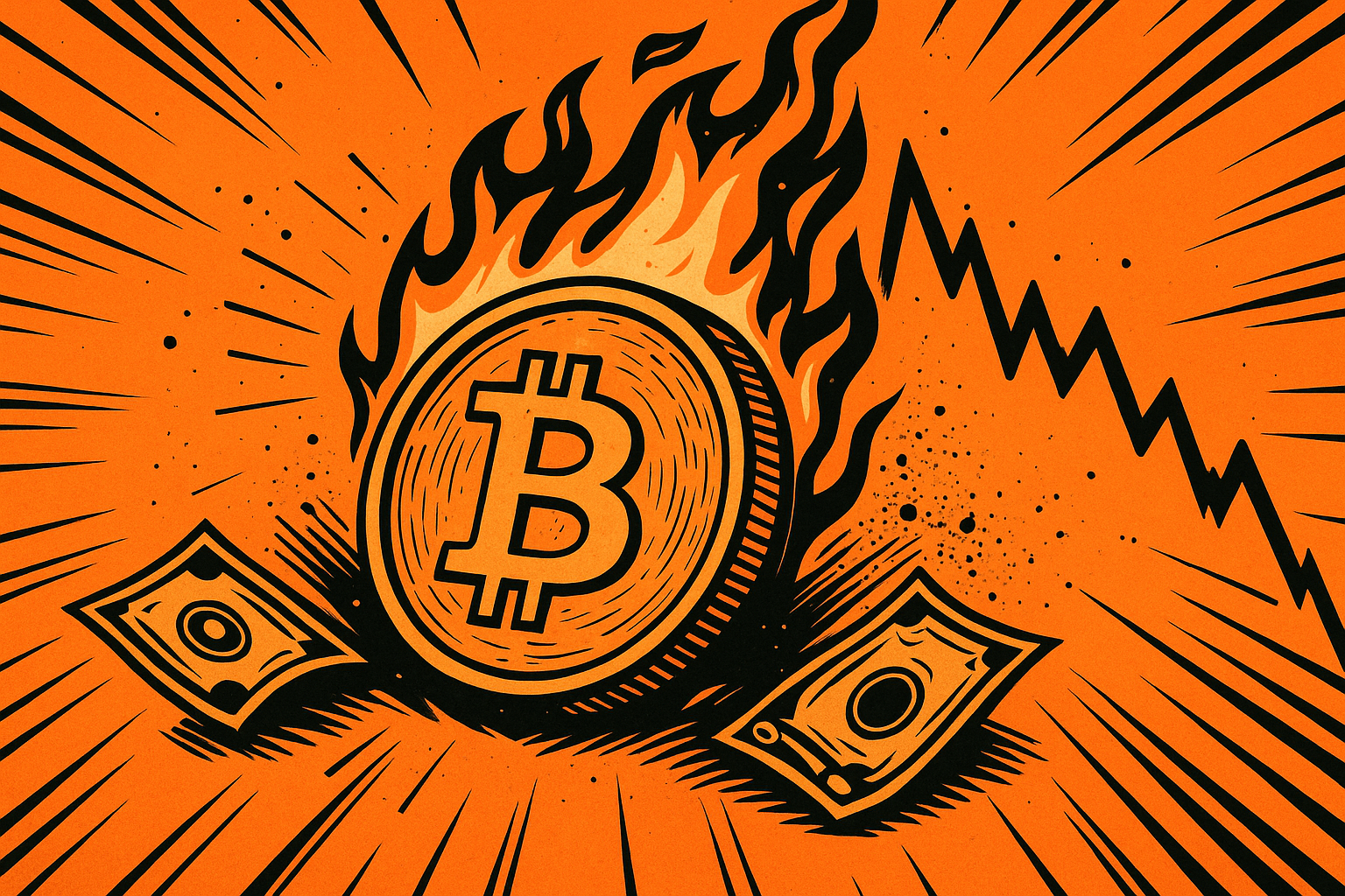 Bitcoin en flammes, chute de marché, ambiance dramatique orange/noir.
