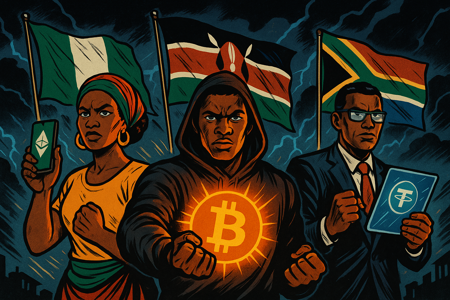 Cadrage frontal dramatique, type "Avengers assemble", ambiance orageuse Personnages centraux : Nigérian en hoodie tenant une boule d’énergie crypto (représentant le P2P) Kényane en tenue traditionnelle tenant un téléphone avec lumière verte Sud-africain en costume avec lunettes futuristes, écran flottant en main Posture : Héros debout, prêts à agir