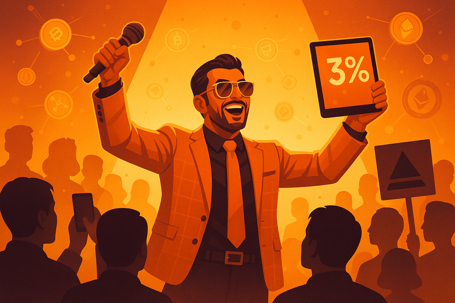 Salle de conférence luxueuse, ambiance orange dorée, perspective plongeante. Personnage central : Un recruteur charismatique, costume flashy, montre en or, sourire convaincant. Posture : Bras levés, tenant un micro dans une main, et une tablette montrant "3%" dans l’autre. Expression faciale : Enthousiaste, convaincant.