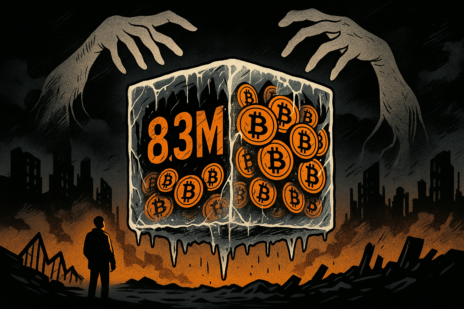 8,3 millions de bitcoins gelés : Une menace invisible plane sur le marché Image à la Une - Cointribune a dit : Bloc de glace géant avec 8.3M BTC, mains spectrales et ville en ruines