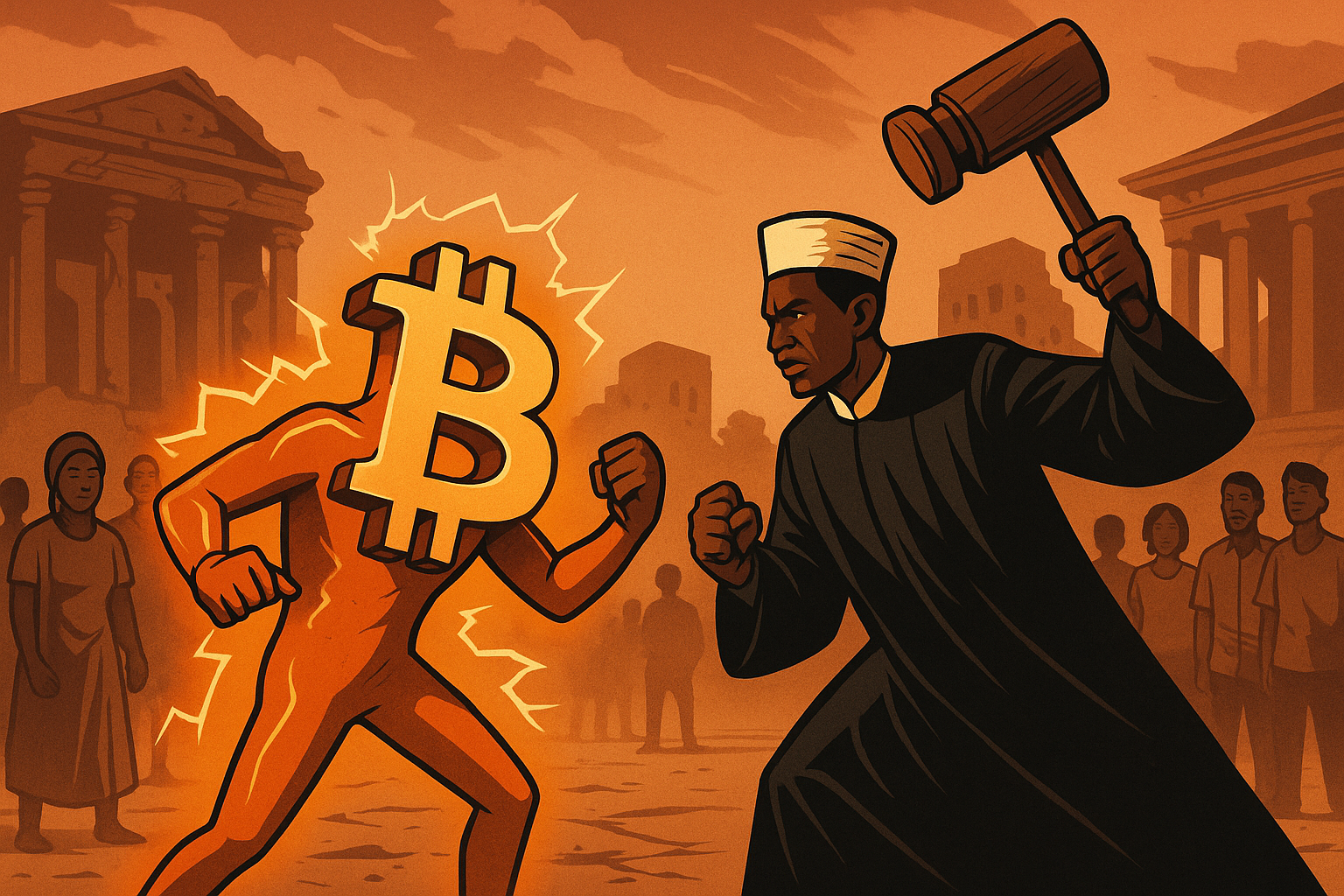 Plan large d’une rue urbaine en Afrique. À gauche, un jeune court avec un téléphone montrant des logos crypto (BTC, USDT, ETH). Devant lui : un mur gigantesque avec écrit dessus (en chiffres) "2025", "AML", "KYC", etc. Personnage central : Le jeune s’arrête, surpris, devant ce mur. Posture : Un pied en l’air, téléphone tendu. Expression faciale : Déterminé mais perplexe.