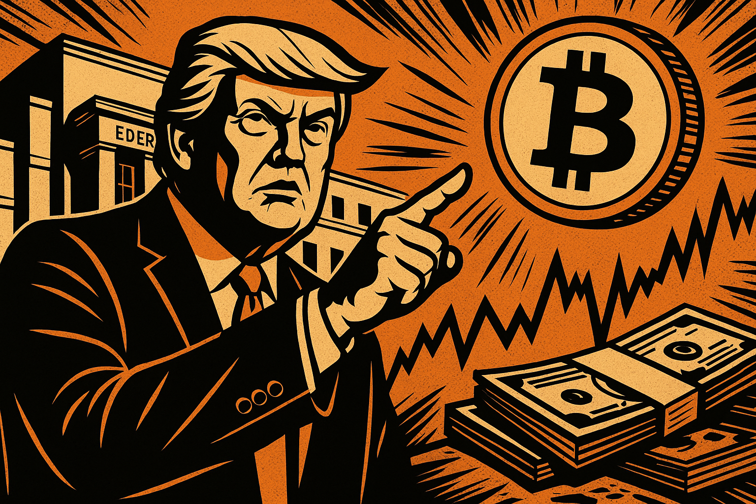 Trump pointe un Bitcoin lumineux devant la Fed et des liasses de dollars.