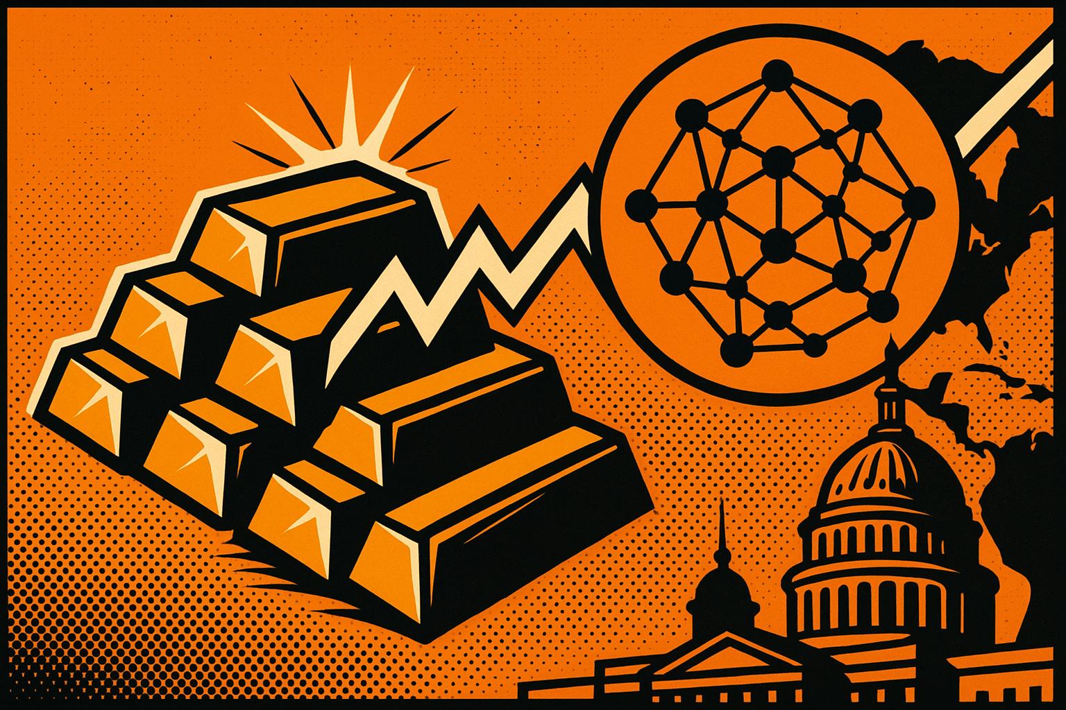 Stock géant et logo Ethereum en style comics orange, noir et blanc.