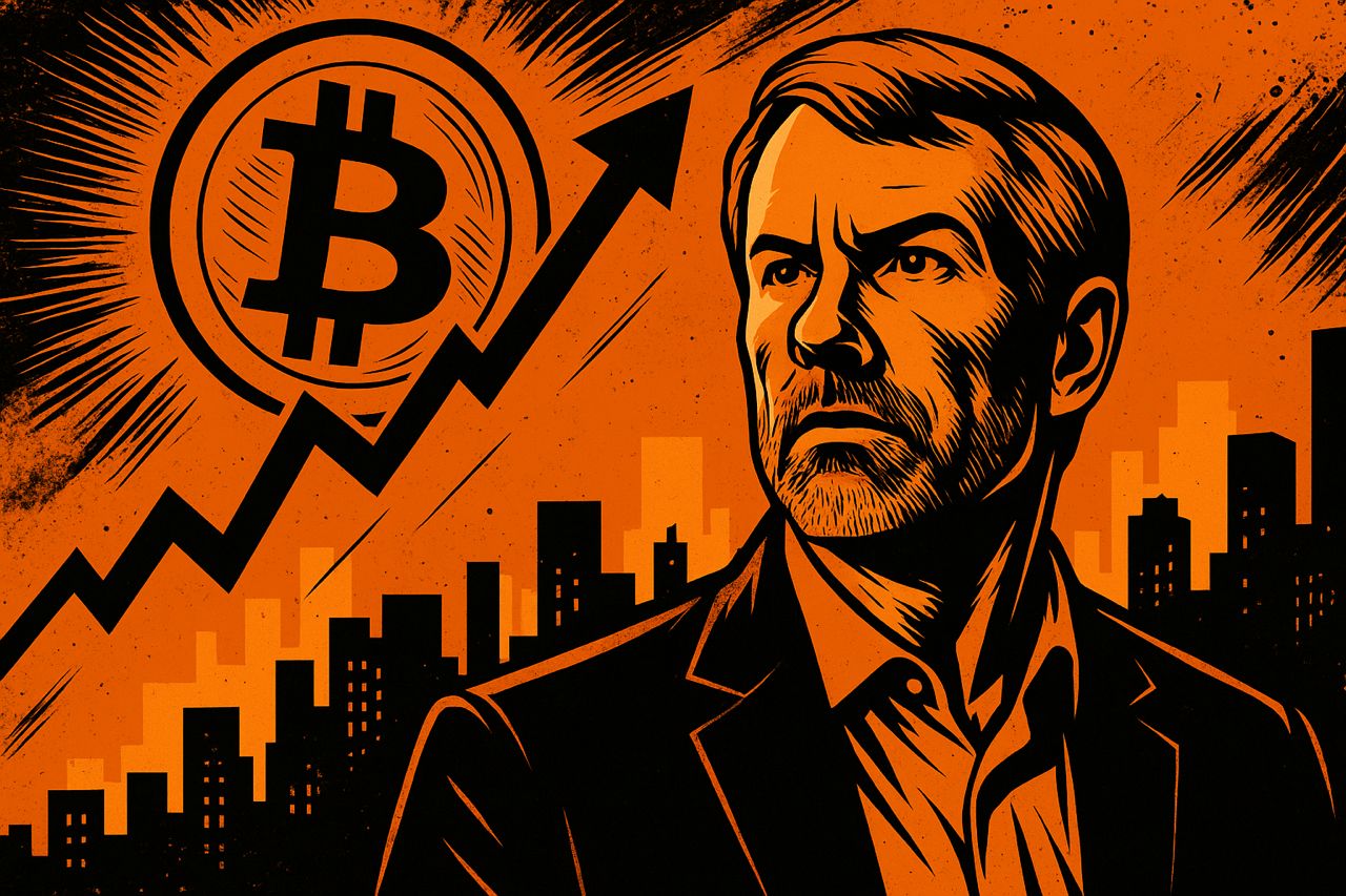 Portrait grave de Saylor, Bitcoin en hausse sur fond orange et ville stylisée.