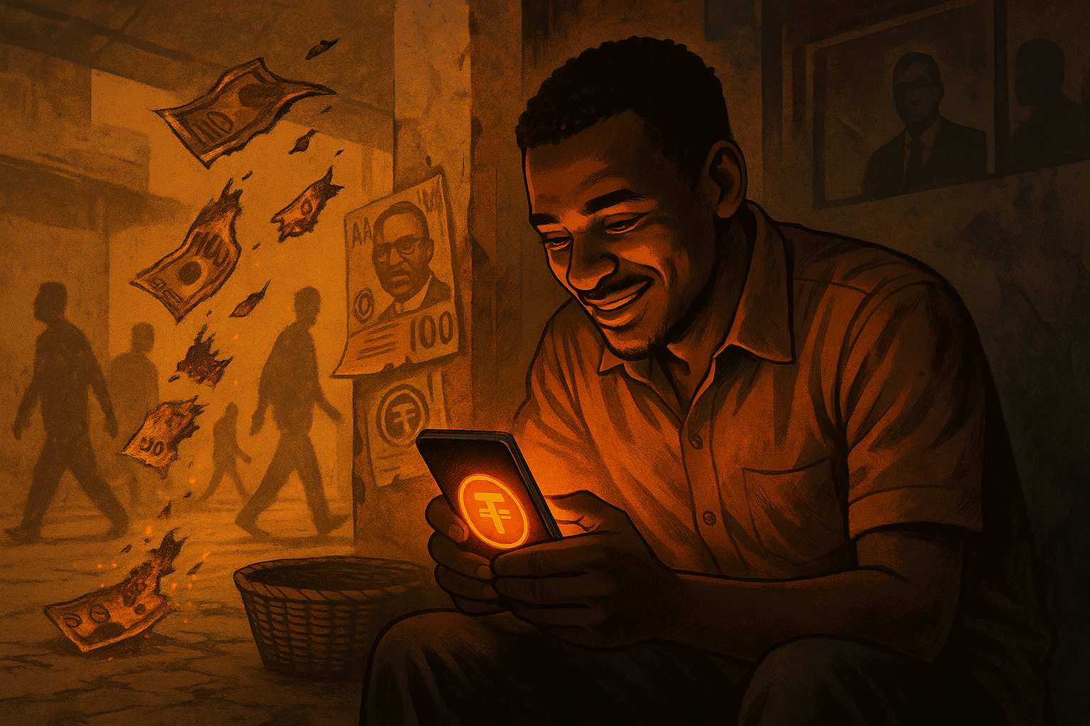 Scène de rue à Lagos, en journée, avec un cadrage en plongée partielle sur un commerçant Personnage central : Jeune commerçant africain (homme, 30 ans) en chemise, tenant un smartphone qui projette une lumière orange vive Posture : Incliné vers l’écran, regard rempli de soulagement et d’espoir Élément central : L’écran du téléphone montre un symbole USDT ou USDC brillant, contrastant avec un panier vide à côté