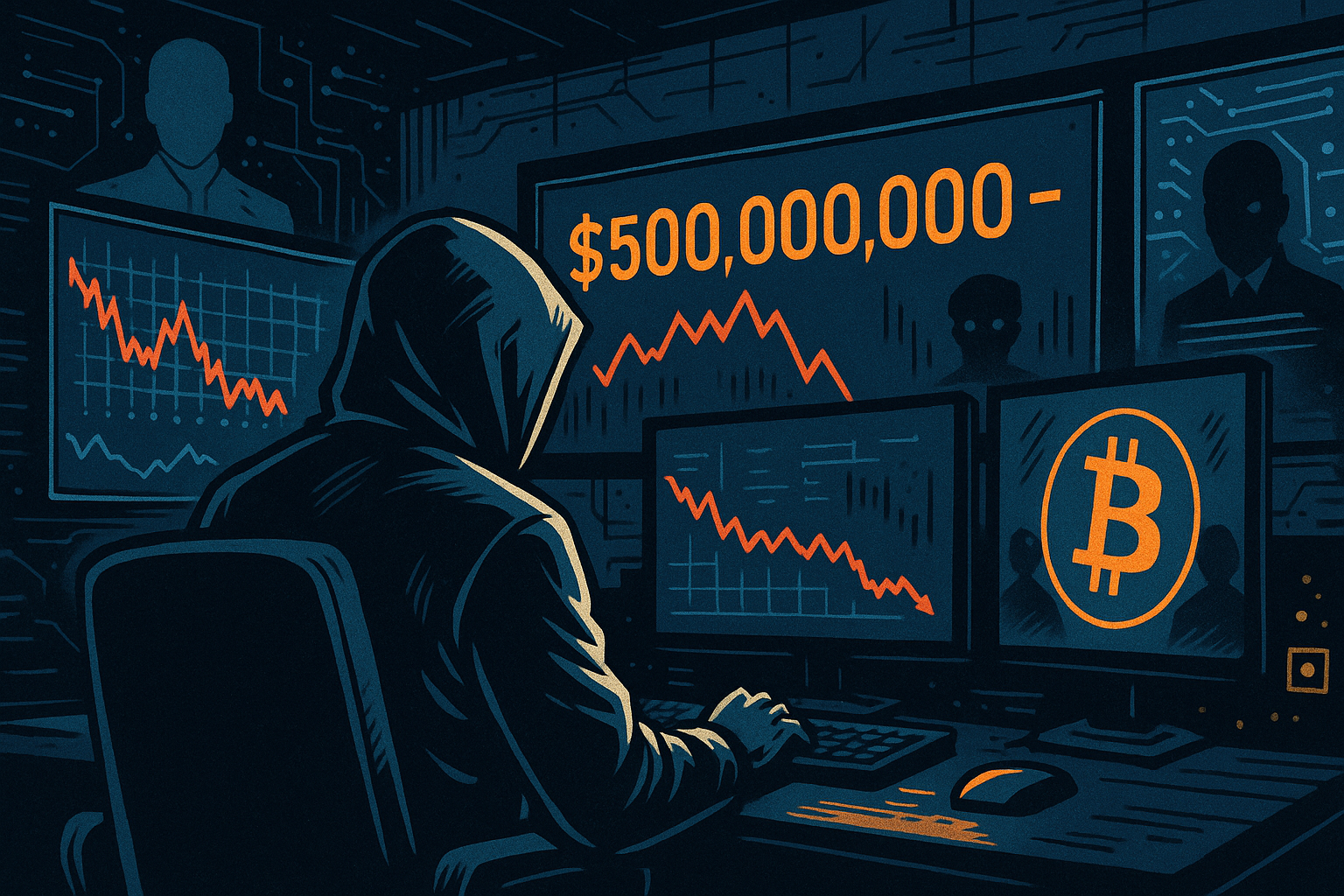 Un mystérieux trader d’Hyperliquid parie 500 millions de dollars contre le bitcoin Plan large façon salle de trading futuriste ou sous-marine, ambiance bleutée. Personnage central : Un homme assis de dos, face à un mur d’écrans montrant des graphiques rouges en chute libre. Capuche ou masque. Aura de mystère. Élément clé : Un chiffre bien visible sur un écran : 500 000 000 $ avec une flèche vers le bas.