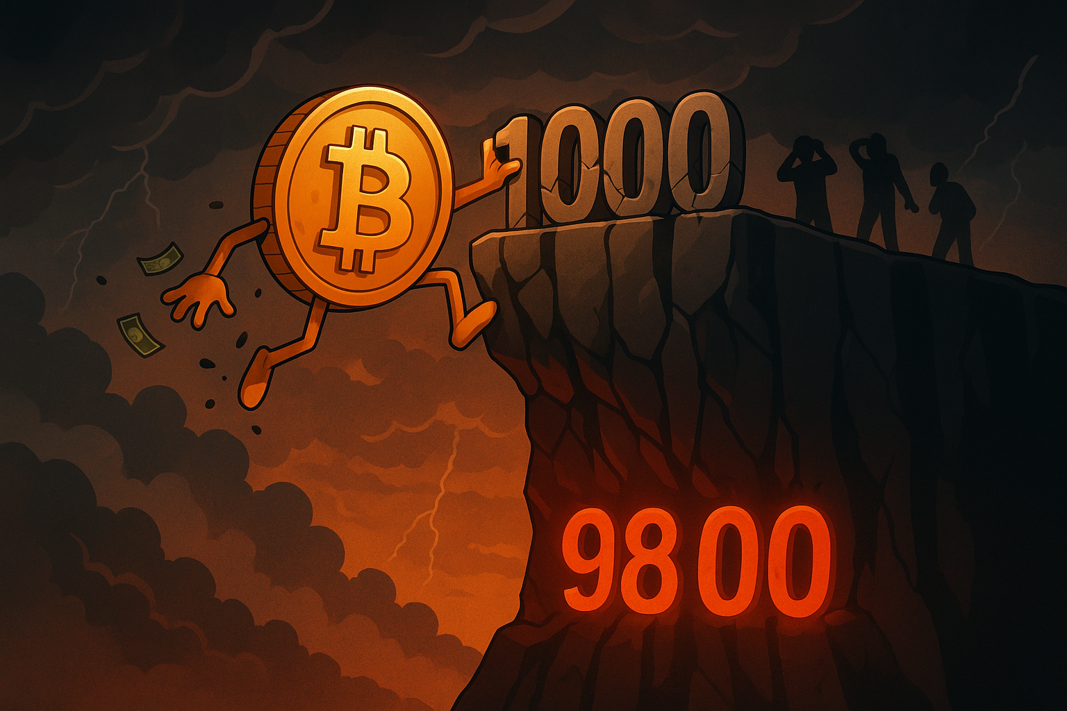 Falaise en extérieur, ambiance sombre et venteuse. Personnage central : Bitcoin personnifié, accroché désespérément au bord d’une falaise où il est écrit "100 000". Posture : Il glisse, une main agrippée, l'autre lâchant des billets ou des jetons. Élément central : Sous la falaise, le chiffre "98 000" brille en rouge, comme une balise d’alerte.