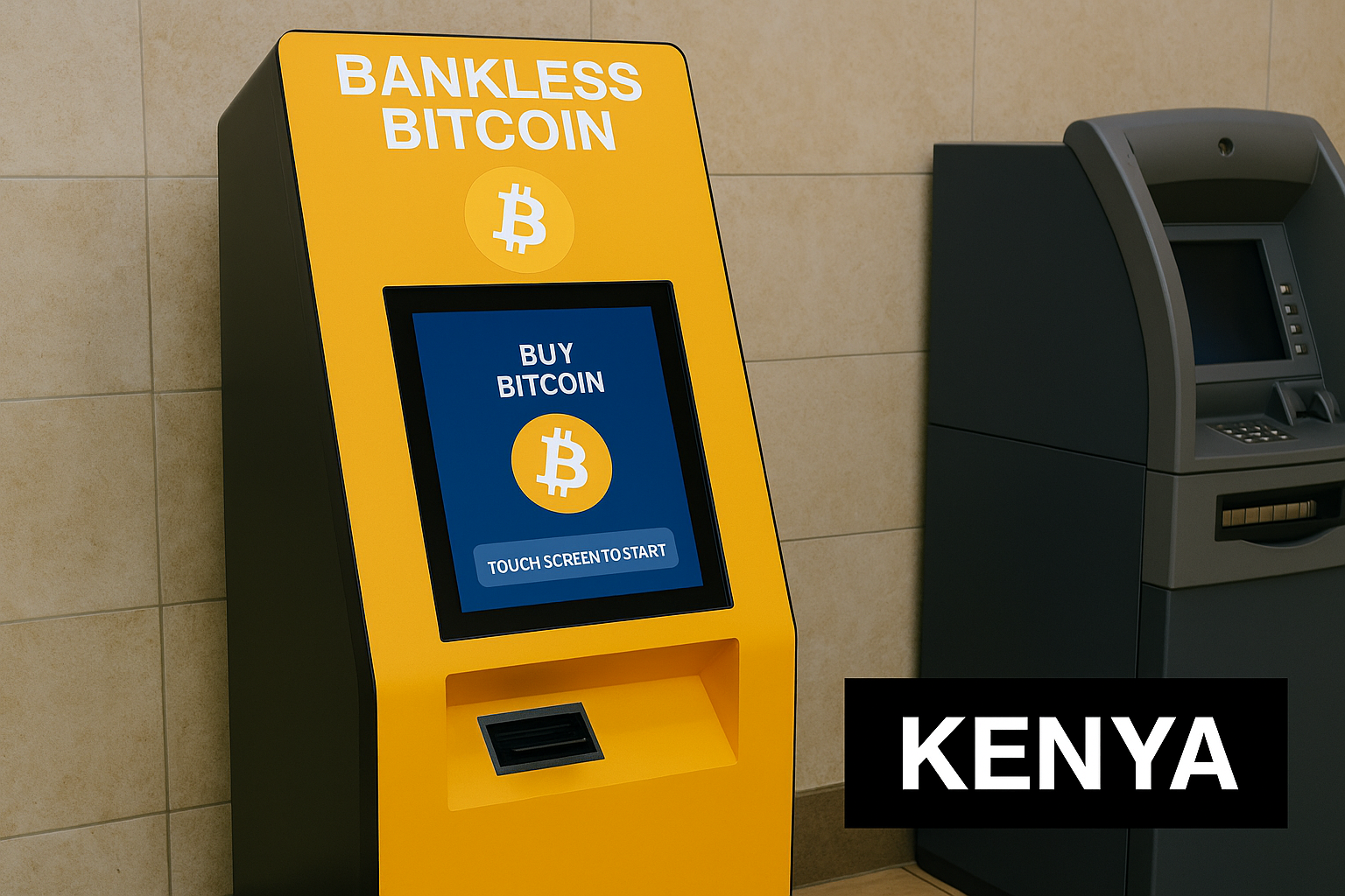 Des distributeurs automatiques de bitcoins testent déjà la nouvelle loi crypto au Kenya L’image montre un distributeur automatique de bitcoins orange vif marqué "Bankless Bitcoin" installé à côté d’un ATM bancaire classique dans un centre commercial kenyan. Un bandeau "KENYA" souligne l’opposition entre finance traditionnelle et adoption rapide du bitcoin dans un cadre légal encore flou.