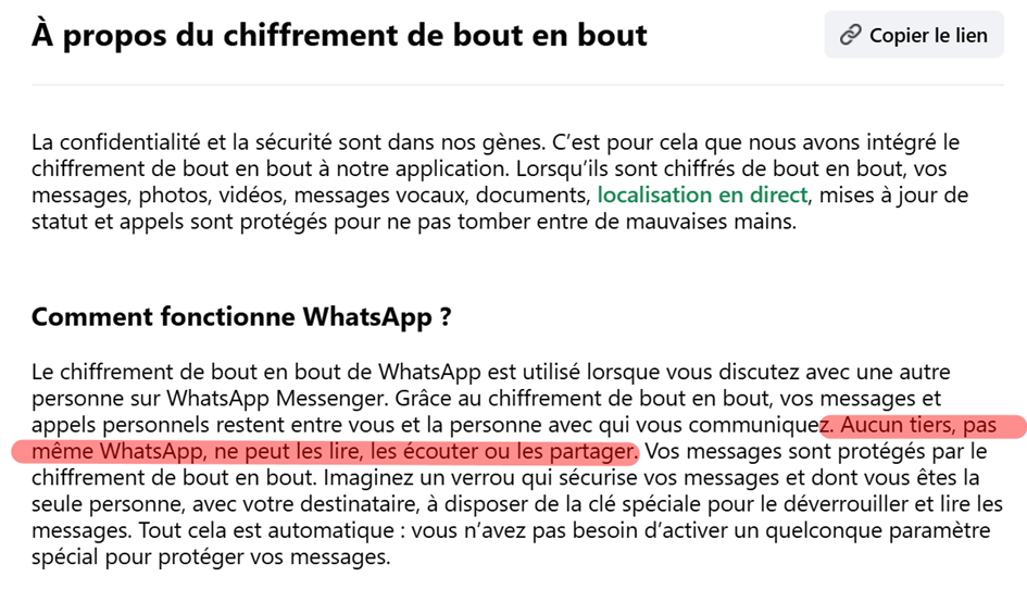 Extrait de la FAQ de WhatsApp expliquant le fonctionnement de son chiffrement de bout en bout